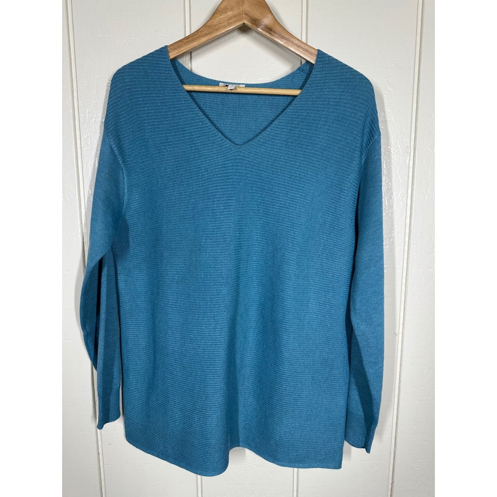 Ella Moss Sweater Womens Medium Blue V-Neck Ribbed Knit Long Sleeve Top 7542